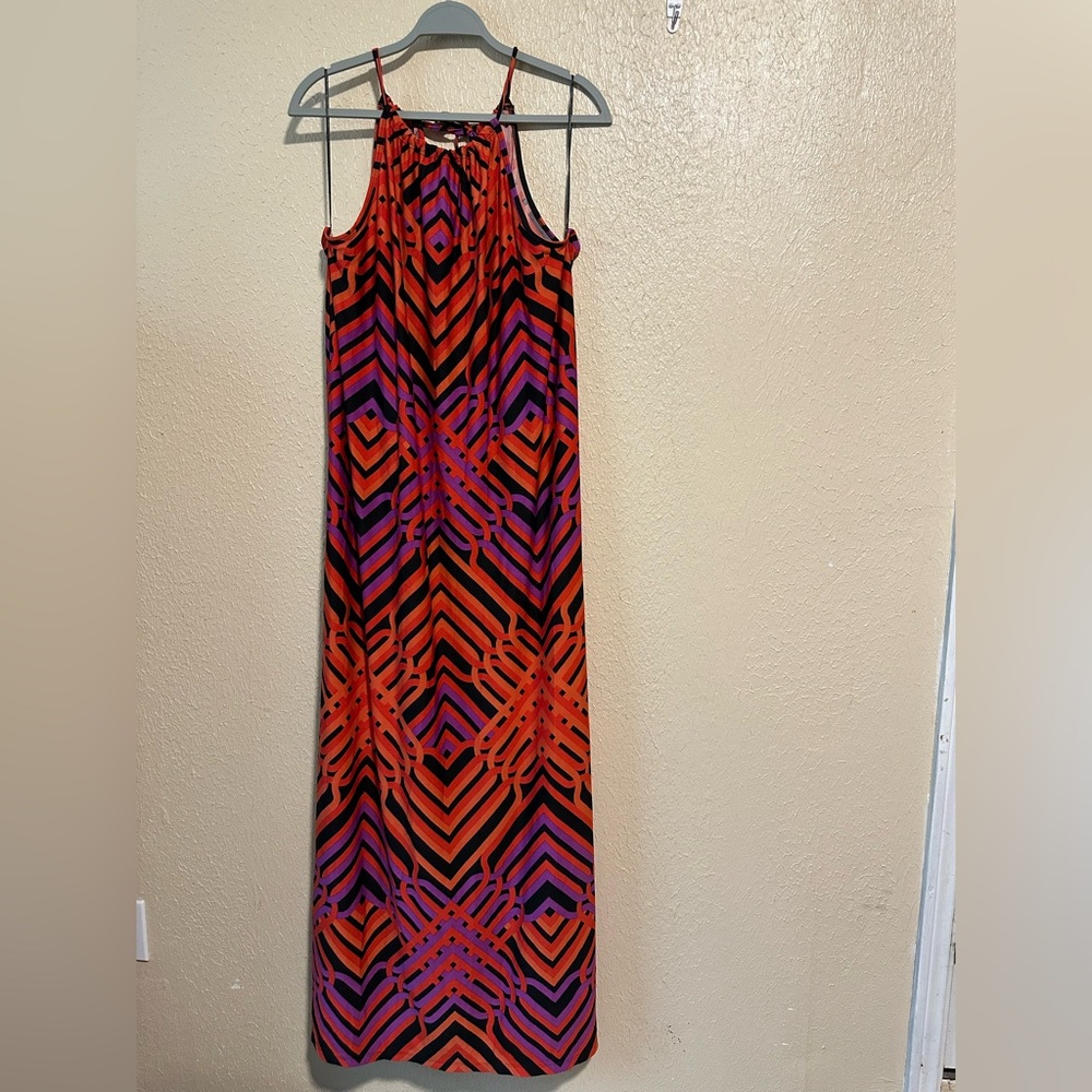Trina Turk Millian Halter Geometric Maxi Dress Red Sleeveless Size XL